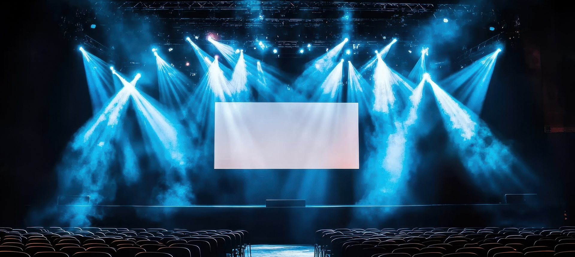Theater setup with illuminated stage and screen