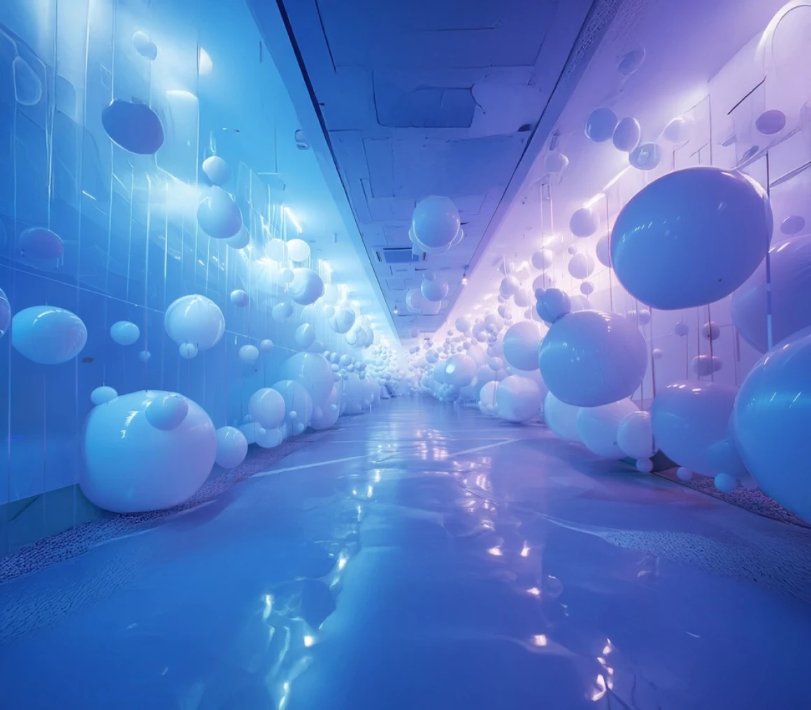 Futuristic hallway with floating spheres