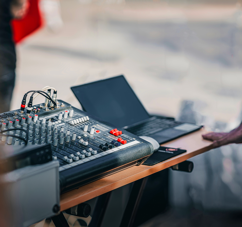 Audio mixing desk with laptop